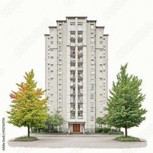 Tall concrete residential building rises, flanked by trees on a sunny day.