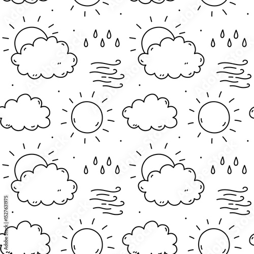 Cute seamless pattern with weather elements - sun, clouds, rain, wind. Vector hand-drawn doodle illustration. Perfect for print, wallpaper, decorations.