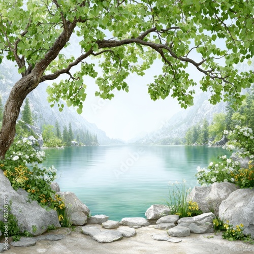 A picturesque lake is framed by lush greenery and rocks in a serene scene.