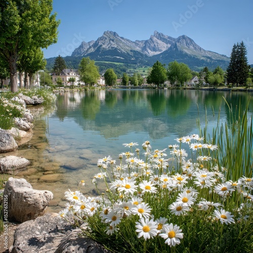 A serene lake reflects the mountains on a sunny day in the countryside.