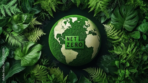 Net zero renewable solutions. Green Globe Representing Net Zero Emissions Surrounded by Lush Greenery and Natural Elements
