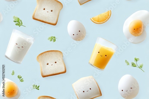 Cute cartoon breakfast pattern with eggs, bread, and juice on light blue background