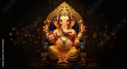 Lord Ganesha Seated on Ornate Throne – Hindu Deity with Golden Aura and Sacred Symbols