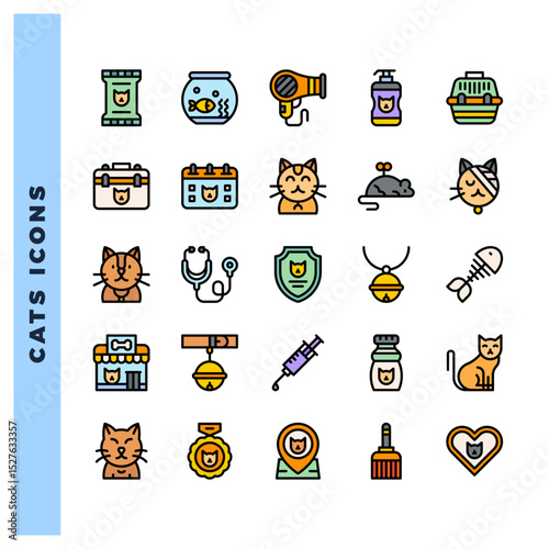 25 Cats Lineal Color icon pack. vector illustration.