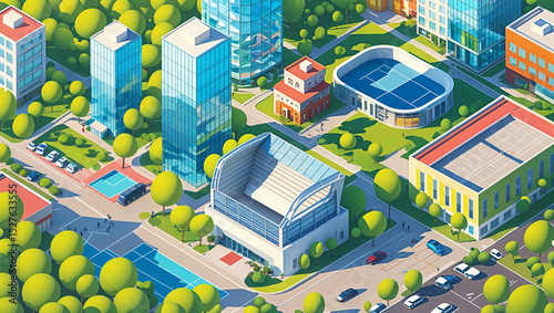 Isometric view of a modern green city with buildings, trees, and sports facilities.