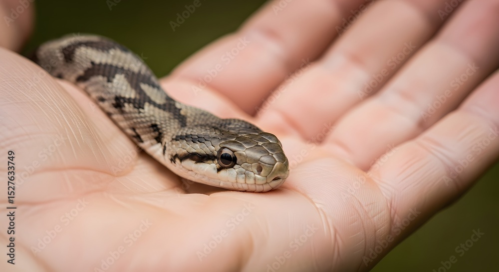Fototapeta premium Gentle Grip: A close-up shot showcases a delicate snake, held securely in a caring hand, highlighting the beauty of the serpent and the tenderness of the human interaction.
