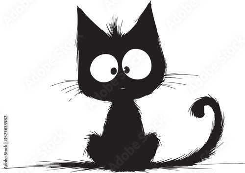 Black cat sitting wide-eyed, minimalist line art rendering feline's playful expression with whimsical charm