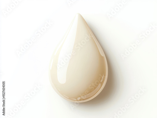 Glossy, cream colored liquid drop with smooth surface is set against white background, evoking sense of purity and elegance