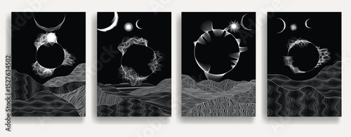 Stars and exoplanet in outer space. Futuristic landscape, with lines . Night landscape with starry sky .Vector illustration
