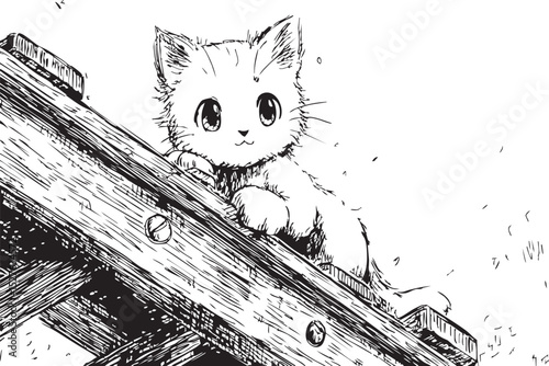Cute kitten lounging on wooden beam, black and white hand-drawn sketch highlighting feline relaxation in charming illustration