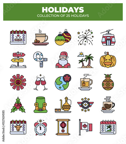 Collection of 25 Holidays. Festive Icons for Seasonal Celebrations
