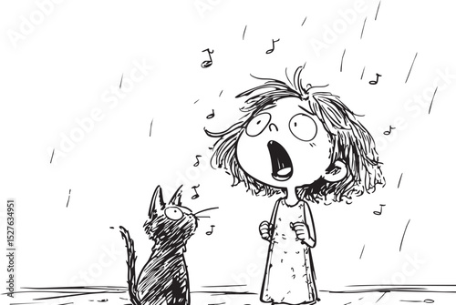 Young girl singing alongside playful cat, raindrops cascading around joyful pair enjoying outdoor moment