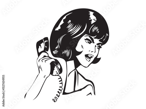 Vector isolated retro vintage american poster person woman with phone handset colorless black and white contour line easy drawing