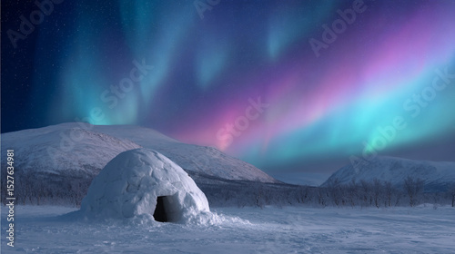 Wintry scene with glowing polar lights and igloo.