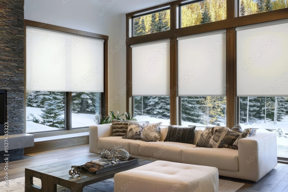 Fototapeta premium Interior roller blinds provide stylish window coverage.