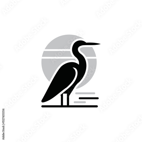 White background illustration of a heron bird with a long beak, a graceful animal often mistaken for a stork or crane, captured in a simple, artistic 