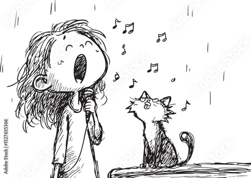 Illustrated scene of a young girl passionately singing alongside a cheerful cat, both expressing joy through music notes in a whimsical style