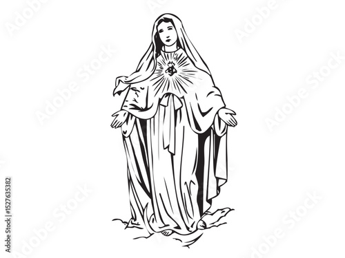 Vector isolated Mary Mother of Jesus full body colorless black and white contour ink art engraving	
