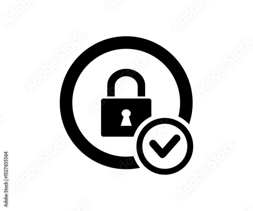 Lock check icon. Circle and shield with lock icon with check mark. Security lock, cyber defense vector design and illustration.
