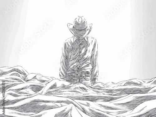 Lone cowboy silhouetted against rolling prairie hills, embodying rugged isolation and western frontier spirit