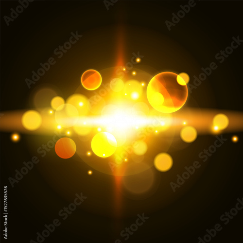 Abstract Glowing Golden Light Burst with Lens Flares and Bokeh Effects. Vector illustration.