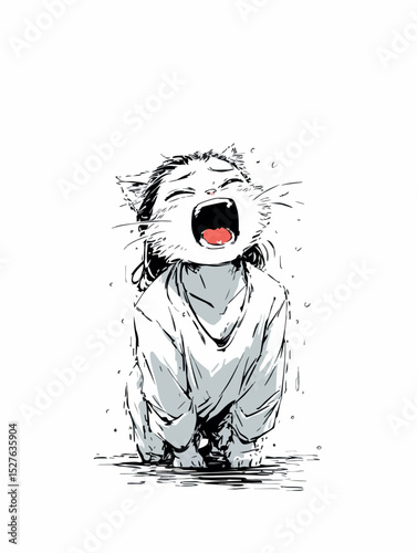 Melancholic anime cat girl kneeling, weeping in rainfall, embodying profound emotional isolation and overwhelming sorrow