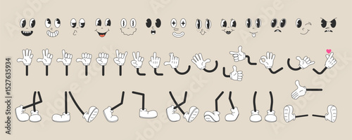 Collection of comic faces, legs and arms for retro characters of 70s. Comic faces in different emotions happy, angry, sad, cheerful. Cartoon character faces, legs and arms in different poses.