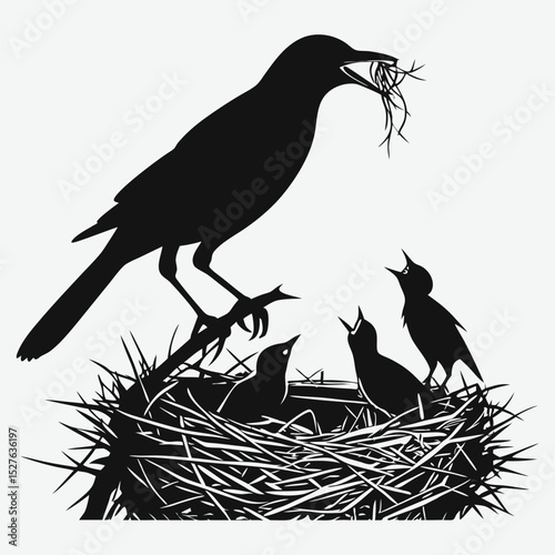 A bird feeding its young in a nest  silhouette design vector art and illustration