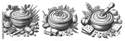Hummus Bowls Set collection bundle sketch engraving generative ai vector illustration. Scratch board imitation. Black and white image.