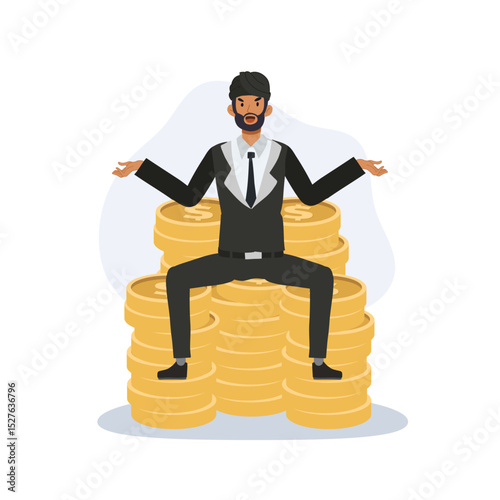 indian entrepreneur in suit sitting on money coin stack showing financial success and prosperity
