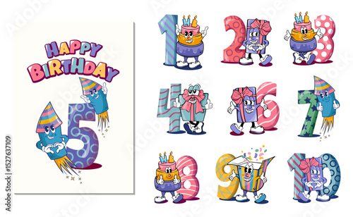 set of groovy cake, gift and firework characters with handwritten text and numbers for birthday, cards, posters and your designs