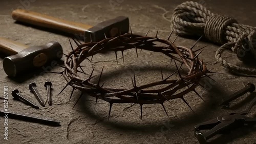 Crown of Thorns Still Life Composition with Nails, Hammer, and Rope on Stone Surface
