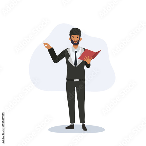 indian businessman teaching concept.  professional indian man in suit with chalk and book