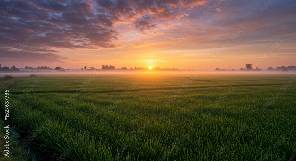 Sunrise over a misty rice paddy field Sunrise over a misty rice paddy field