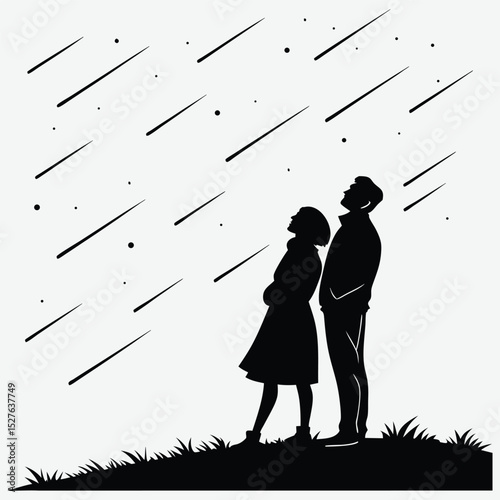 A couple watching a meteor shower silhouette design vector art and illustration