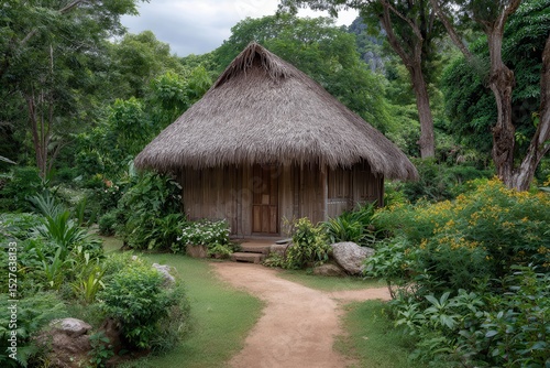Bamboo hut in a lush tropical garden