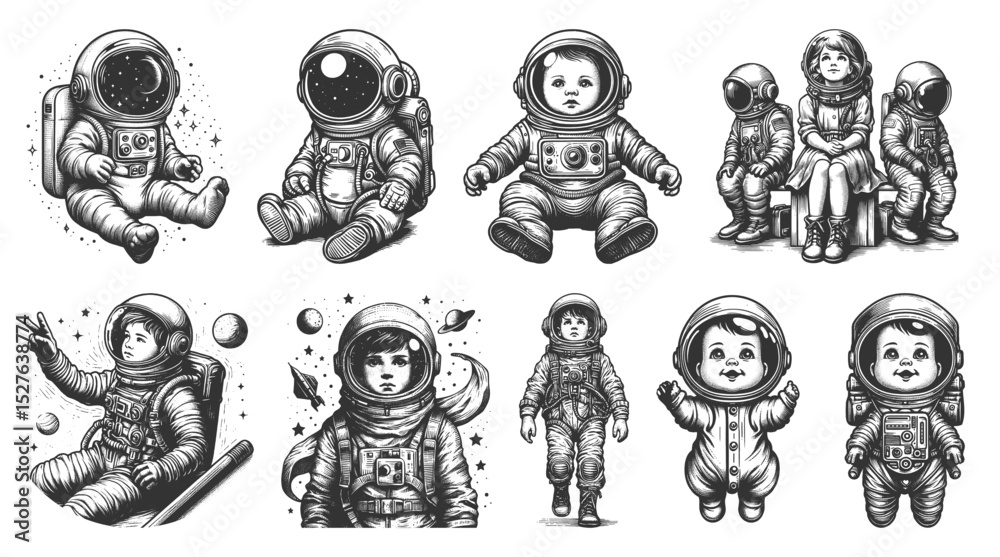 Obraz premium babies and young children wearing space suits Set collection bundle sketch engraving generative ai vector illustration. Scratch board imitation. Black and white image.