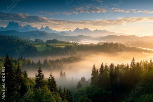 Experience the serene beauty of a morning fog enveloping lush green forests.