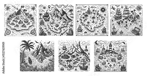 Pirate Treasure Map Set collection bundle sketch engraving generative ai vector illustration. Scratch board imitation. Black and white image.