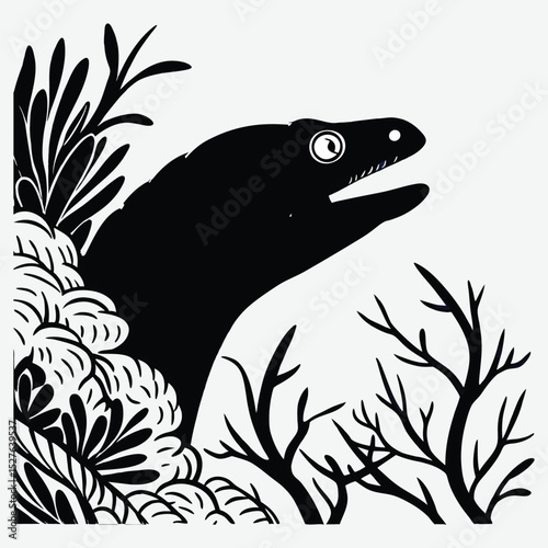 A moray eel peeking out of a reef  silhouette design vector art and illustration