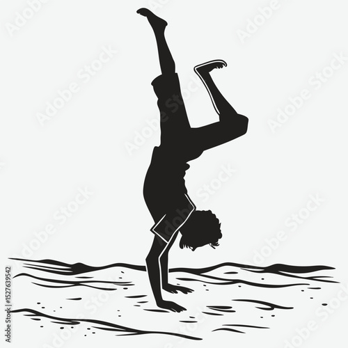 A person doing a handstand on a beach silhouette design vector art and illustration