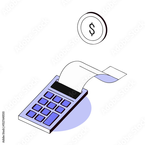 3D Calculator with floating coin. Budget management concept. Financial calculation of money. Tax time. 3d rendering. Vector illustration