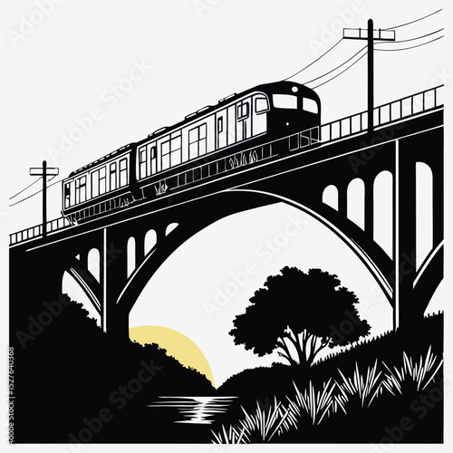 A train moving across a bridge at twilight  silhouette design vector art and illustration