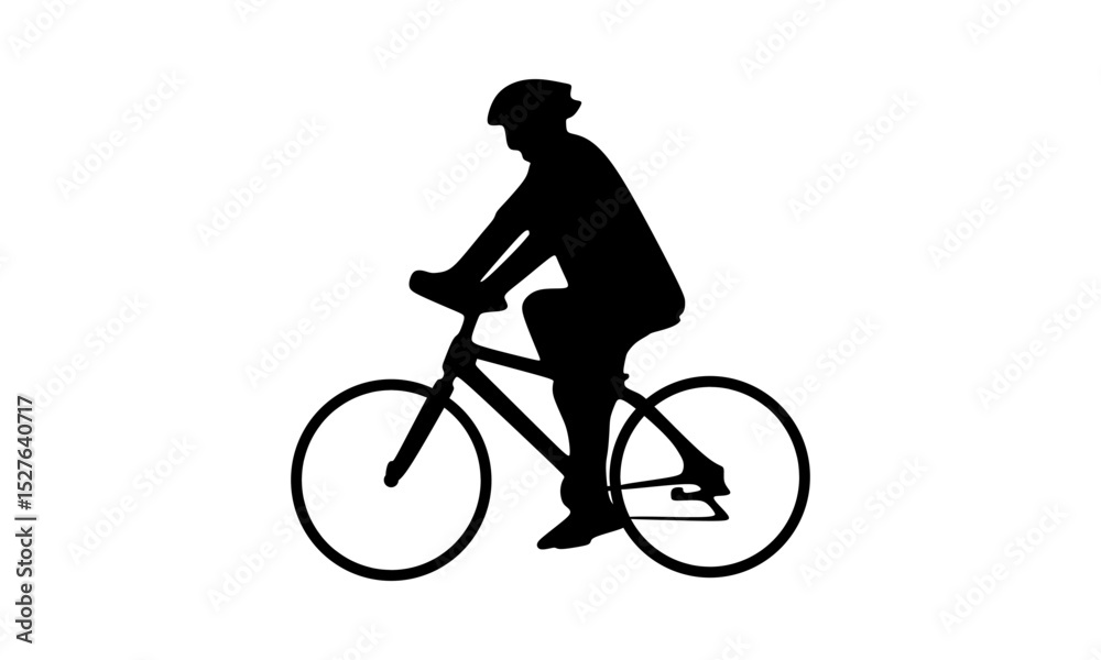 Fototapeta premium Man riding a bicycle with helmet, silhouette vector illustration on white background. Editable EPS design suitable for cycling, sport, and transportation themes.