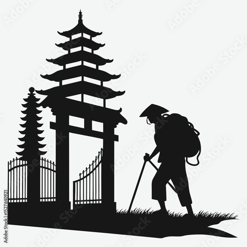 A traveler standing in front of a temple gate silhouette design vector art and illustration