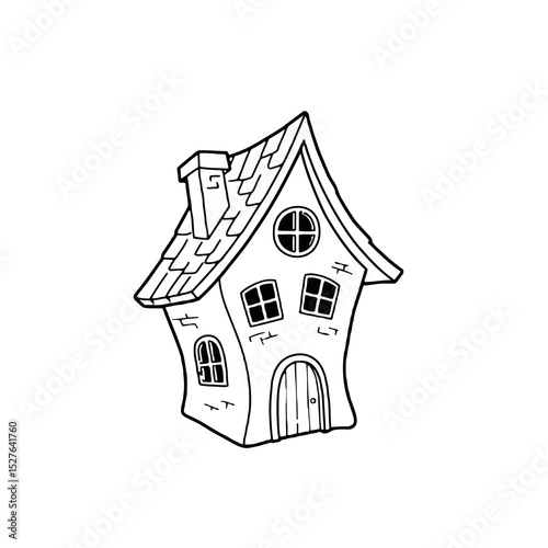Whimsical illustration of a crooked house with chimney and windows  