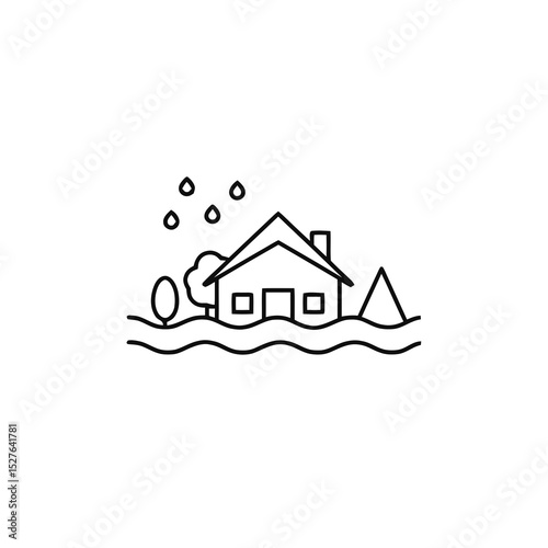 Simple line drawing of house surrounded by water and rain  