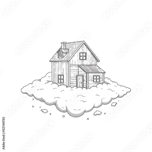 Hand-drawn house on fluffy clouds in minimalist style  