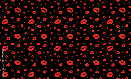 Seamless pattern of kisses on a black background. Lip prints. Seamless background.