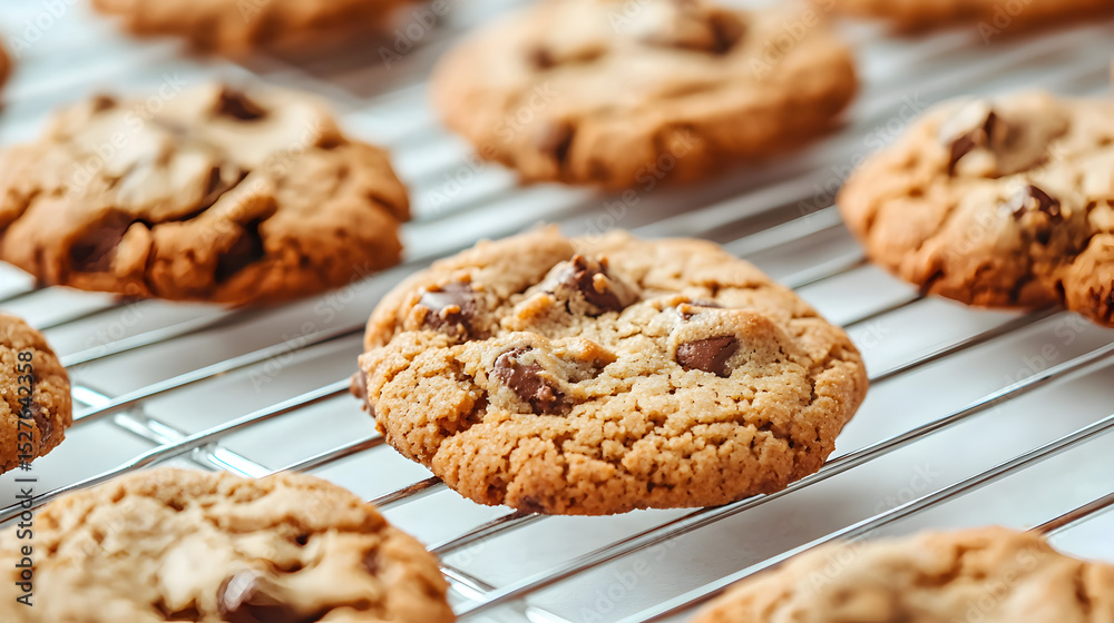 Freshly baked chocolate chip cookies cooling on a wire rack, showcasing their golden-brown color and tempting texture. Freshly baked chocolate chip cookies cooling on a wire rack, showcasing their golden-brown color and tempting texture.